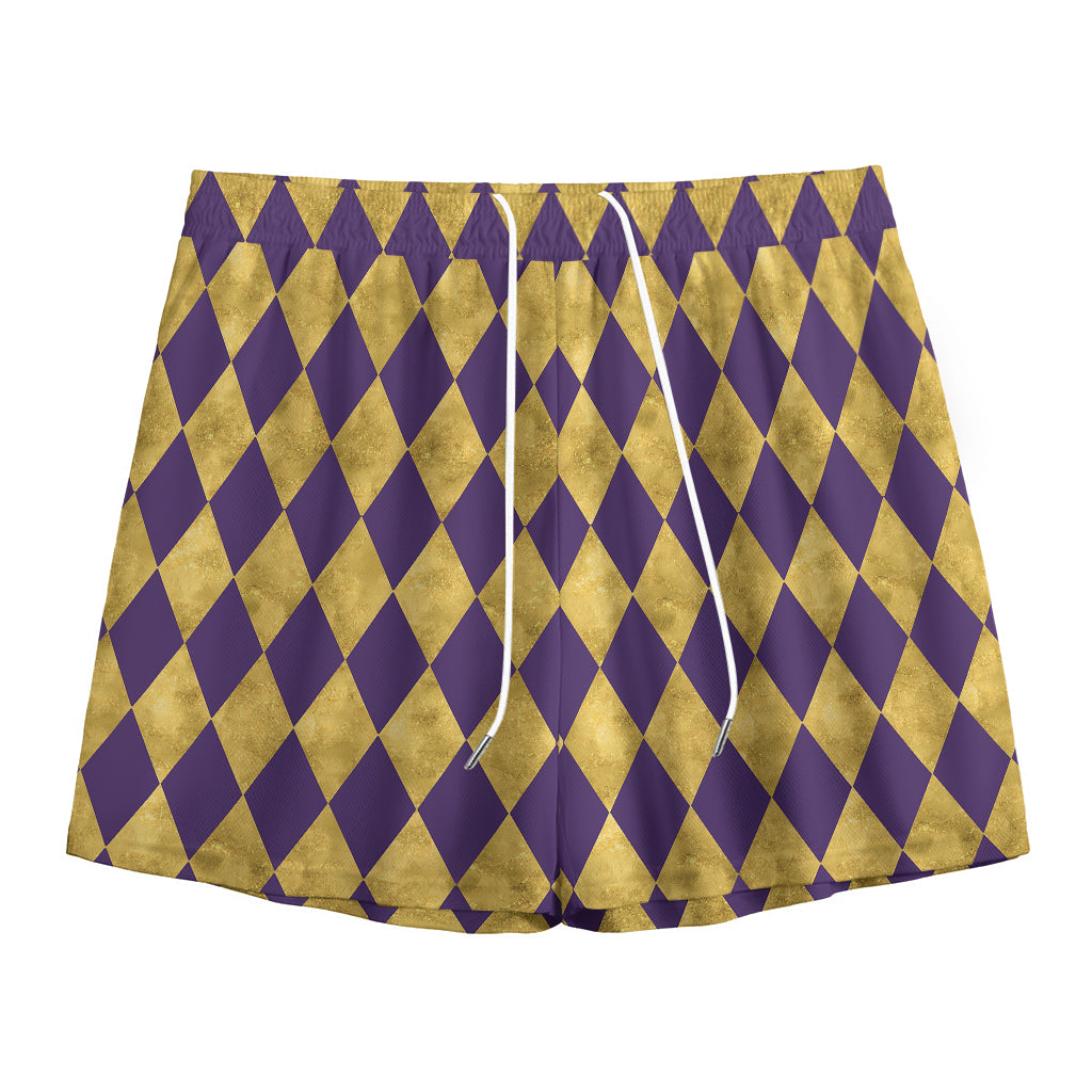 Purple And Gold Harlequin Pattern Print Mesh Shorts