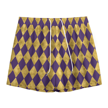 Purple And Gold Harlequin Pattern Print Mesh Shorts
