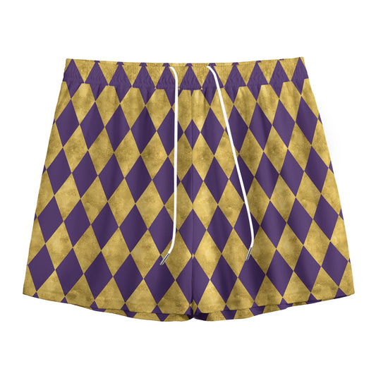 Purple And Gold Harlequin Pattern Print Mesh Shorts