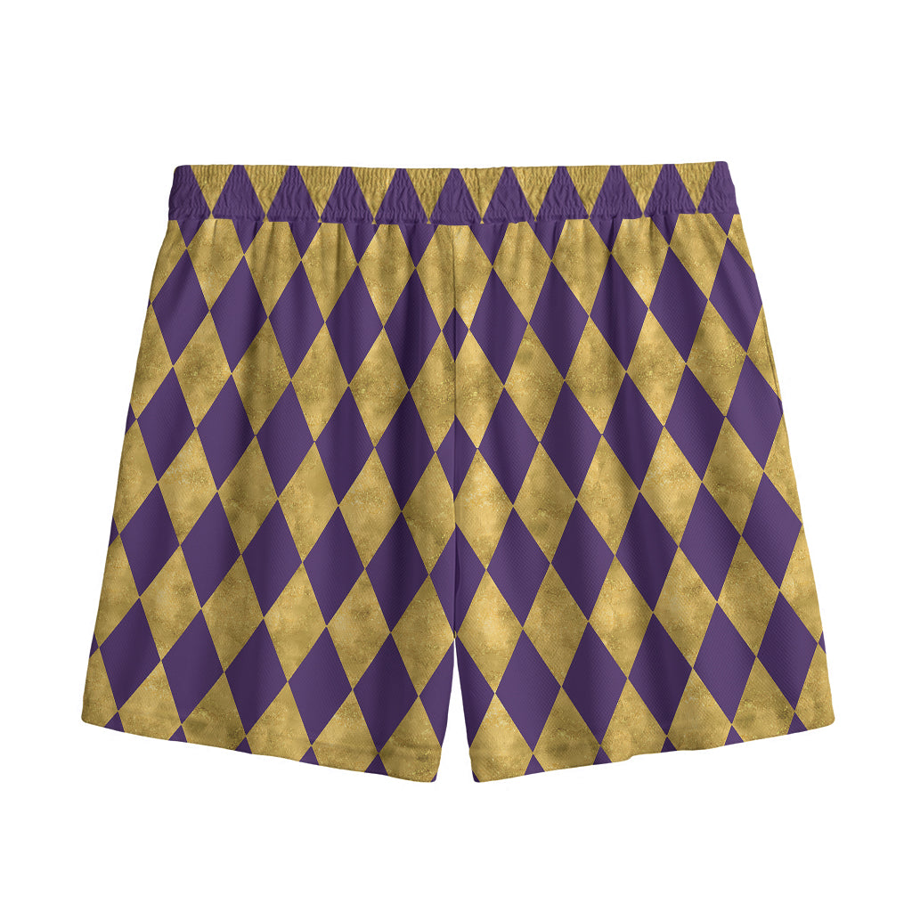 Purple And Gold Harlequin Pattern Print Mesh Shorts