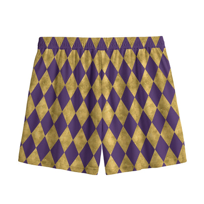 Purple And Gold Harlequin Pattern Print Mesh Shorts