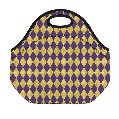 Purple And Gold Harlequin Pattern Print Neoprene Lunch Bag