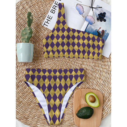 Purple And Gold Harlequin Pattern Print One Shoulder Bikini Top