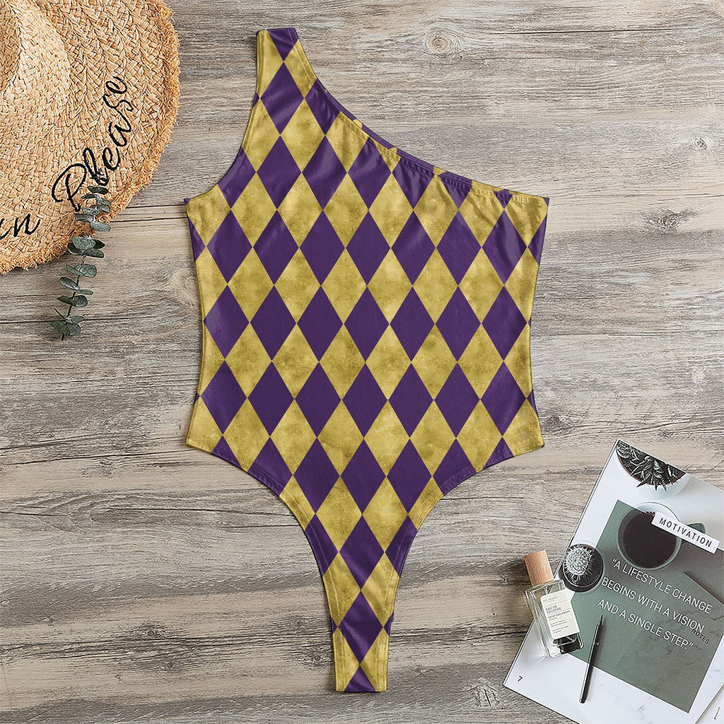 Purple And Gold Harlequin Pattern Print One Shoulder Bodysuit