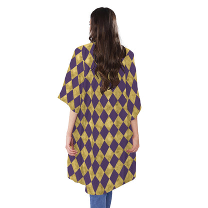 Purple And Gold Harlequin Pattern Print Open Front Beach Cover Up