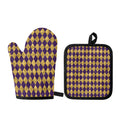 Purple And Gold Harlequin Pattern Print Oven Mitt And Pot Holder Set