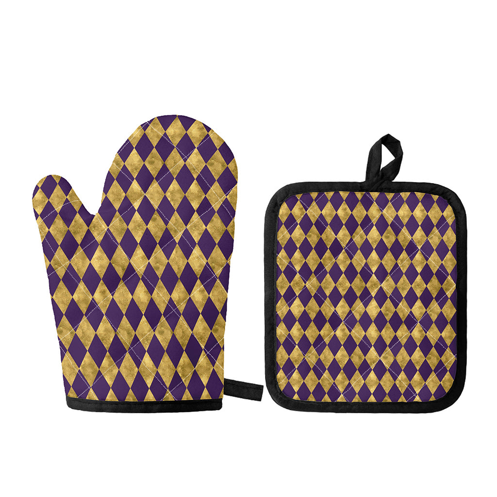Purple And Gold Harlequin Pattern Print Oven Mitt And Pot Holder Set