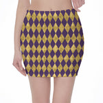 Purple And Gold Harlequin Pattern Print Pencil Mini Skirt