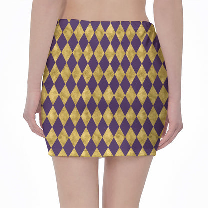 Purple And Gold Harlequin Pattern Print Pencil Mini Skirt