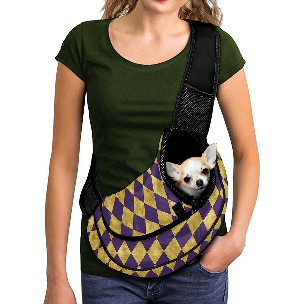 Purple And Gold Harlequin Pattern Print Pet Sling Carrier