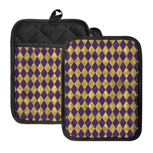 Purple And Gold Harlequin Pattern Print Pot Holders With Pocket
