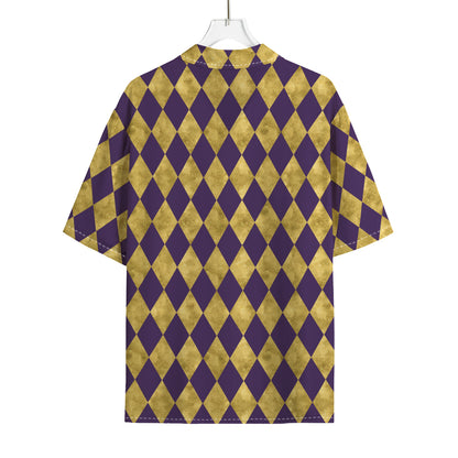 Purple And Gold Harlequin Pattern Print Rayon Hawaiian Shirt