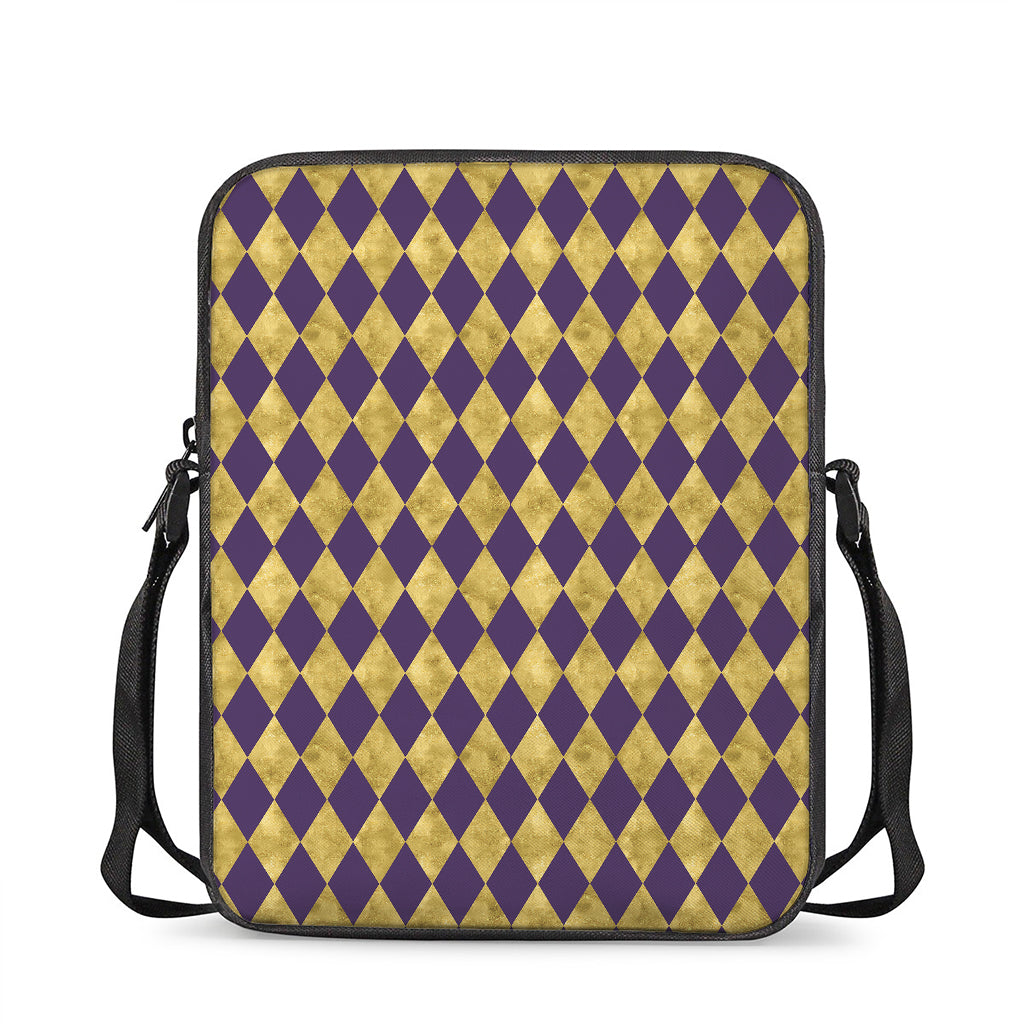 Purple And Gold Harlequin Pattern Print Rectangular Crossbody Bag