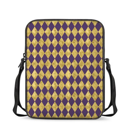 Purple And Gold Harlequin Pattern Print Rectangular Crossbody Bag