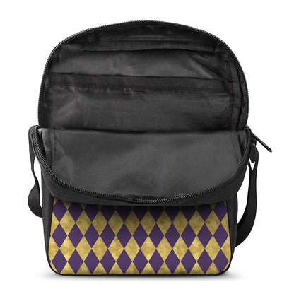 Purple And Gold Harlequin Pattern Print Rectangular Crossbody Bag