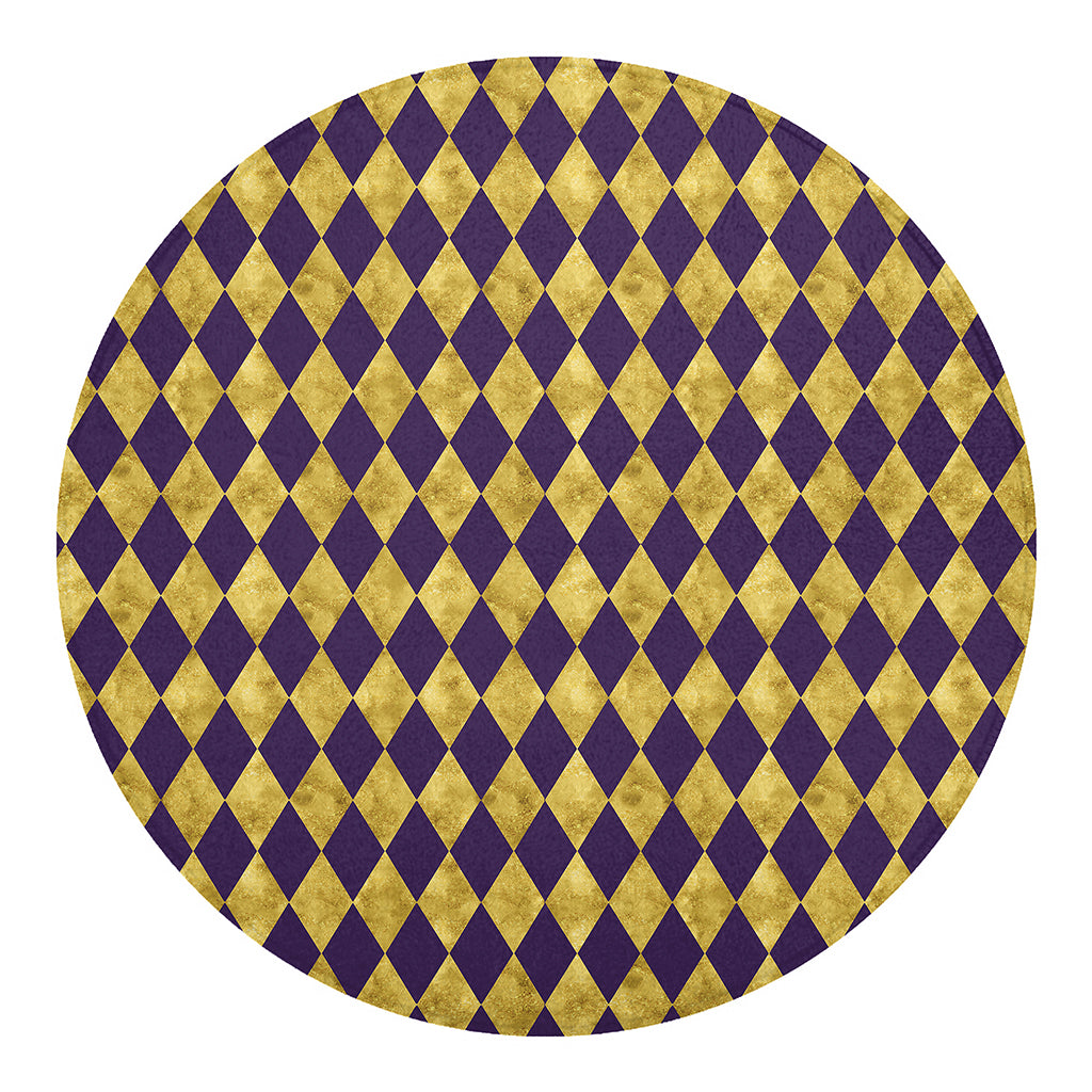 Purple And Gold Harlequin Pattern Print Round Blanket