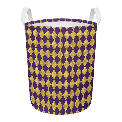 Purple And Gold Harlequin Pattern Print Round Laundry Basket