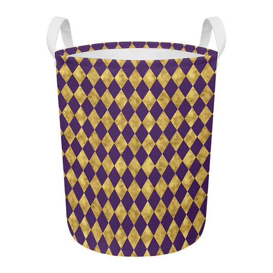 Purple And Gold Harlequin Pattern Print Round Laundry Basket