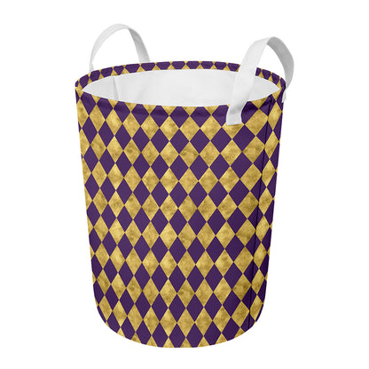Purple And Gold Harlequin Pattern Print Round Laundry Basket