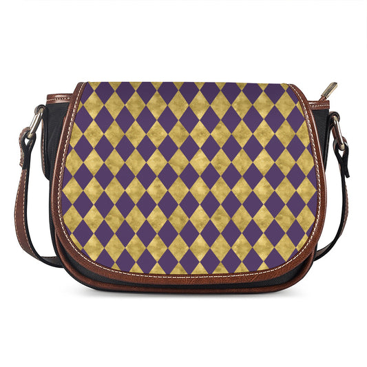 Purple And Gold Harlequin Pattern Print Saddle Bag