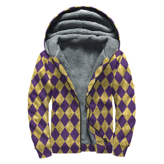 Purple And Gold Harlequin Pattern Print Sherpa Lined Zip Up Hoodie