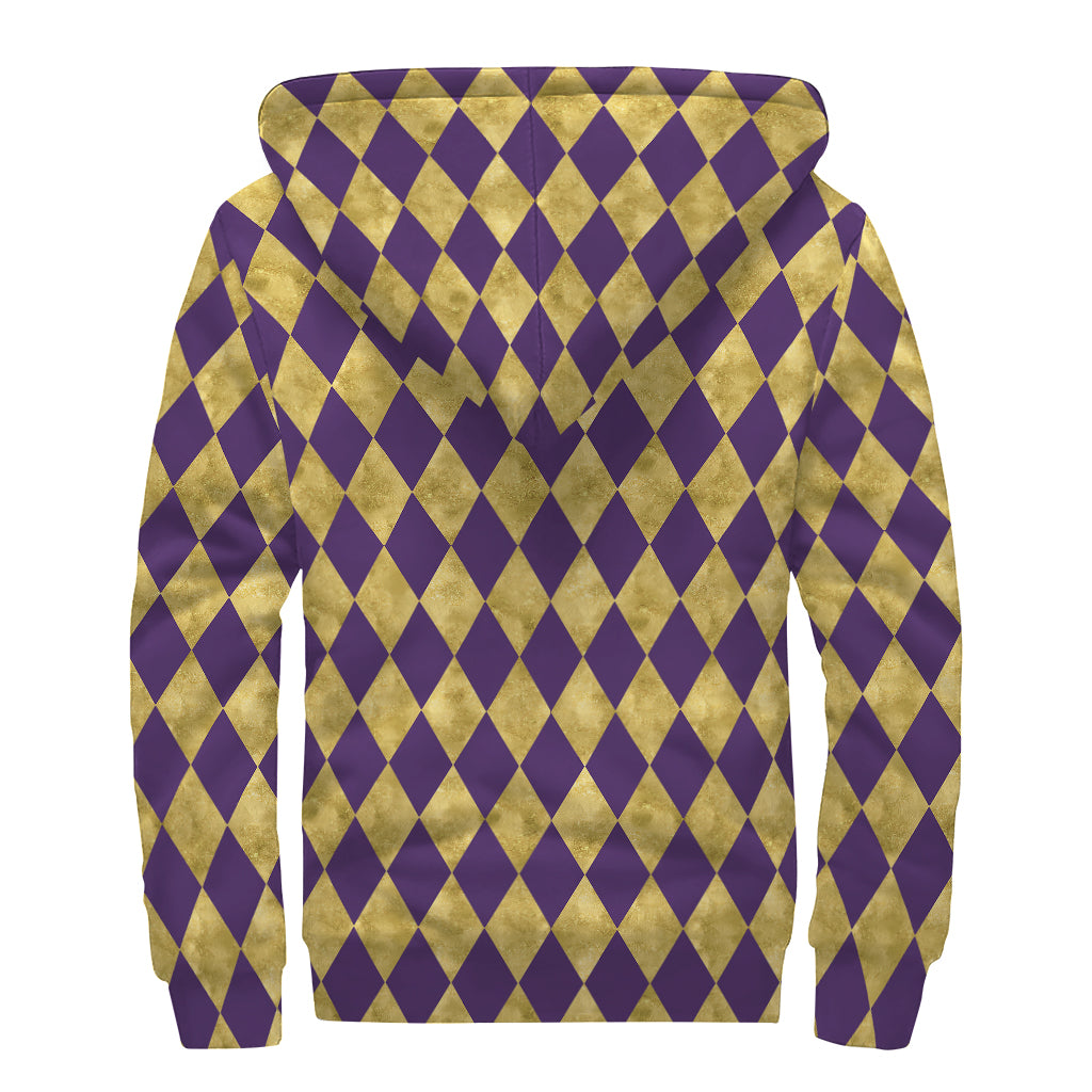 Purple And Gold Harlequin Pattern Print Sherpa Lined Zip Up Hoodie