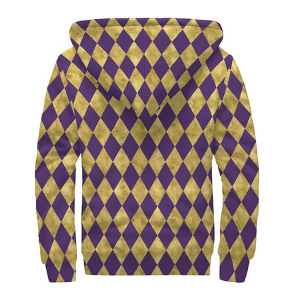 Purple And Gold Harlequin Pattern Print Sherpa Lined Zip Up Hoodie