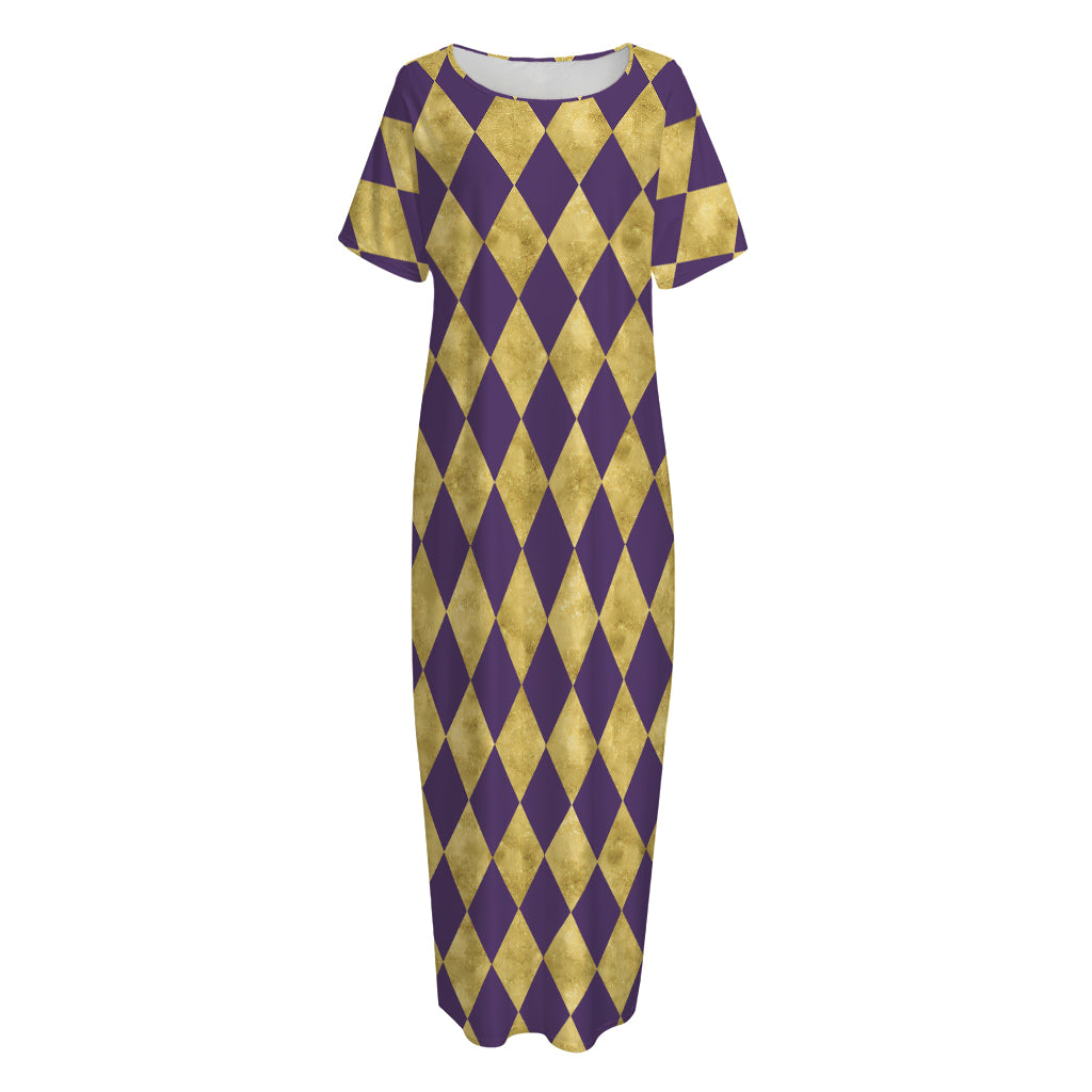 Purple And Gold Harlequin Pattern Print Short Sleeve Long Nightdress