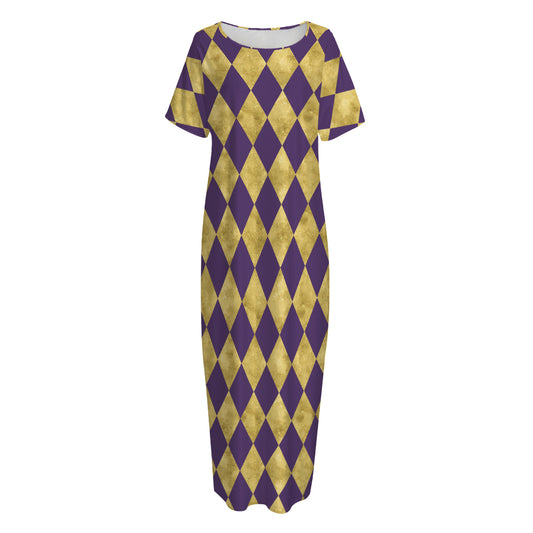 Purple And Gold Harlequin Pattern Print Short Sleeve Long Nightdress