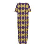 Purple And Gold Harlequin Pattern Print Short Sleeve Long Nightdress