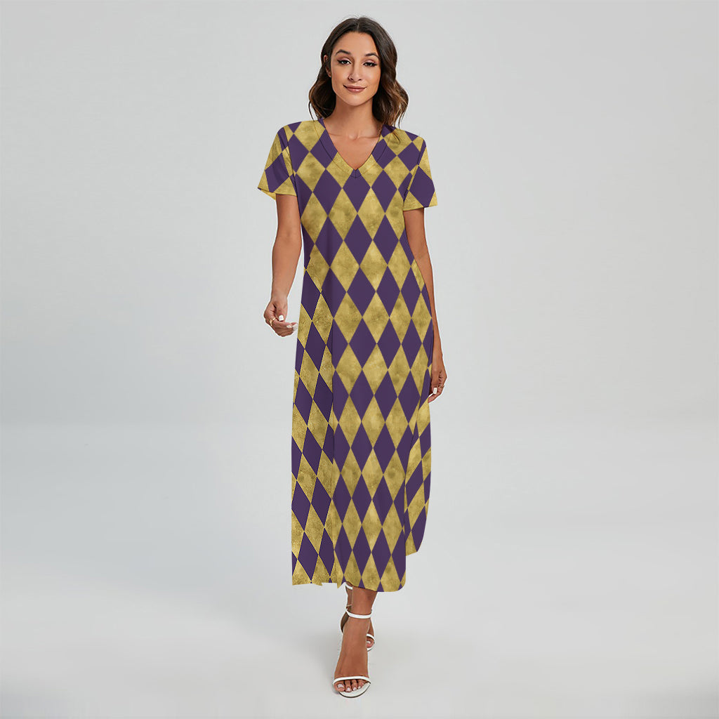 Purple And Gold Harlequin Pattern Print Short Sleeve Maxi Dress
