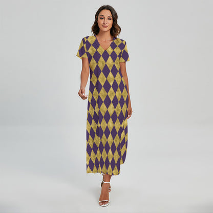 Purple And Gold Harlequin Pattern Print Short Sleeve Maxi Dress