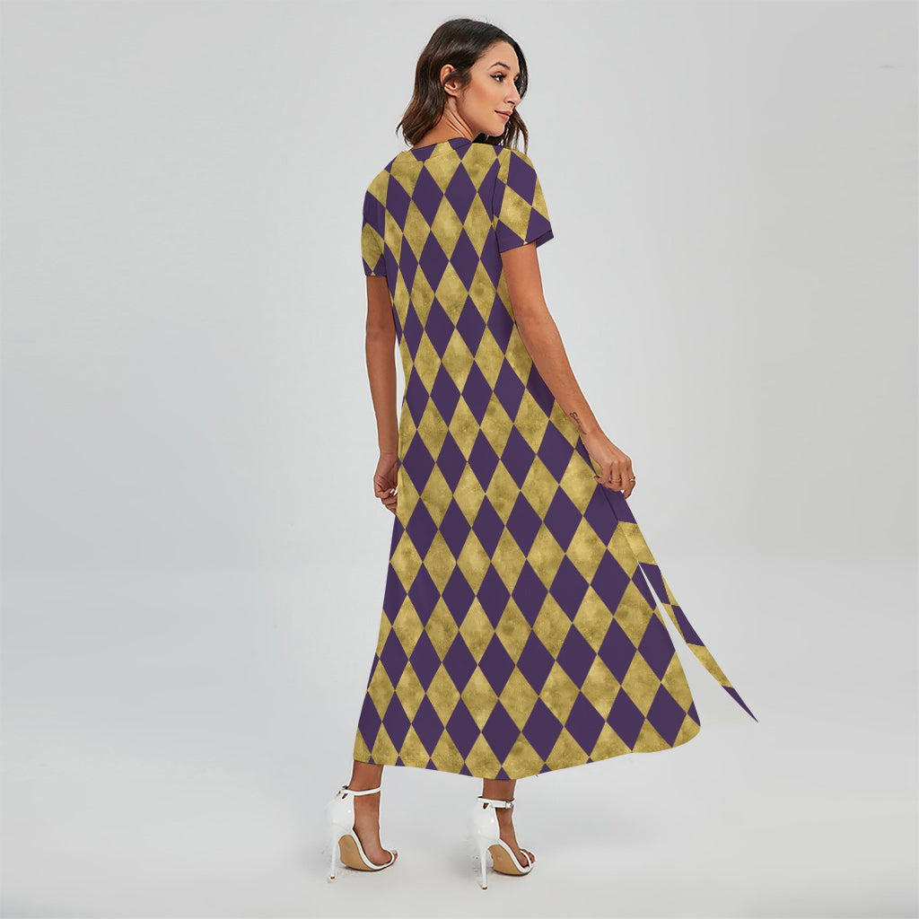 Purple And Gold Harlequin Pattern Print Short Sleeve Maxi Dress