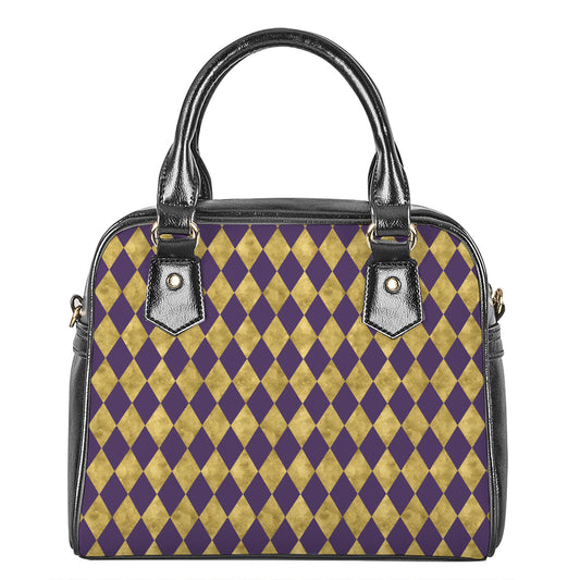 Purple And Gold Harlequin Pattern Print Shoulder Handbag