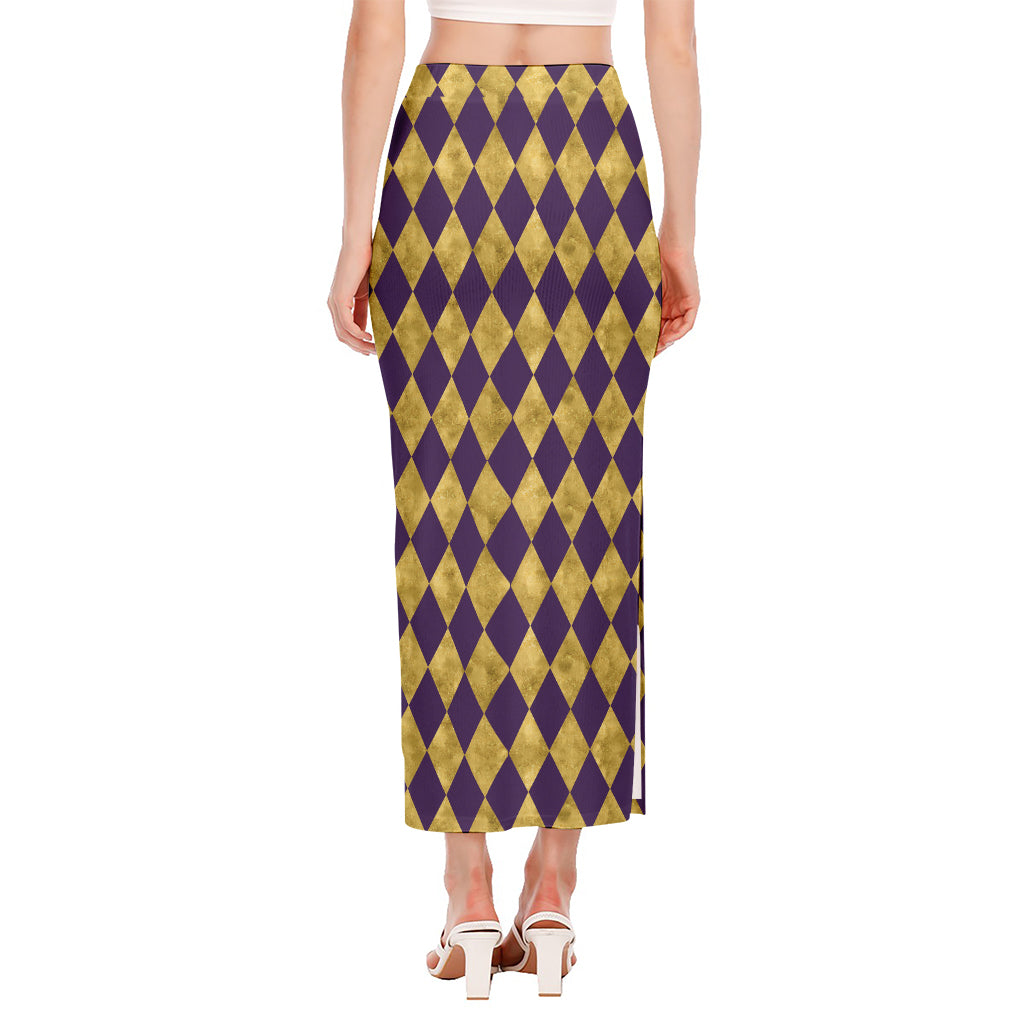 Purple And Gold Harlequin Pattern Print Side Slit Maxi Skirt