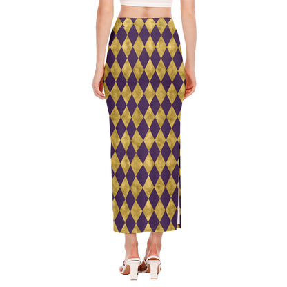 Purple And Gold Harlequin Pattern Print Side Slit Maxi Skirt
