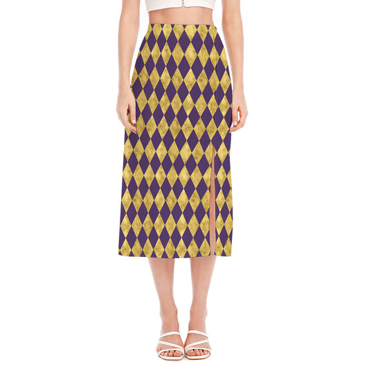 Purple And Gold Harlequin Pattern Print Side Slit Midi Skirt