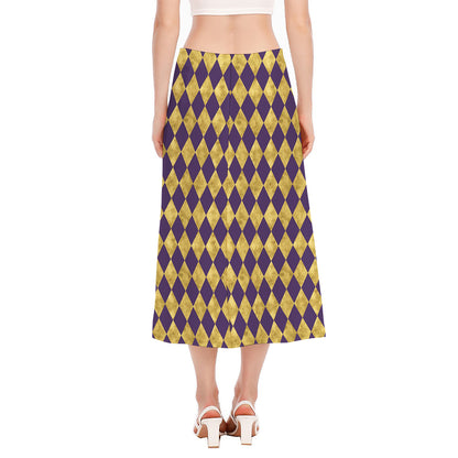 Purple And Gold Harlequin Pattern Print Side Slit Midi Skirt
