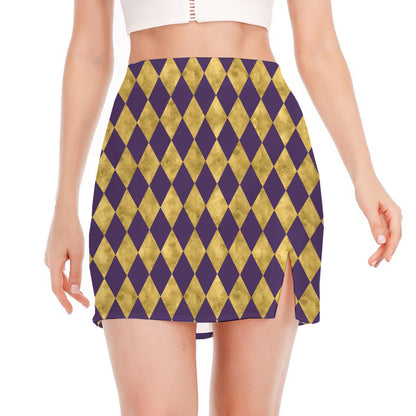 Purple And Gold Harlequin Pattern Print Side Slit Mini Skirt