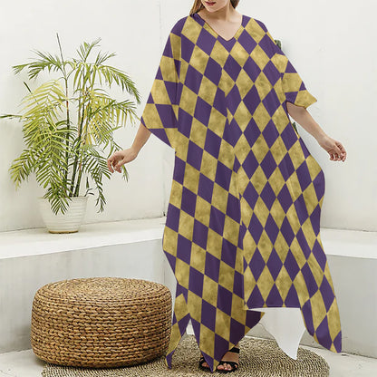Purple And Gold Harlequin Pattern Print Silk V-Neck Kaftan Dress