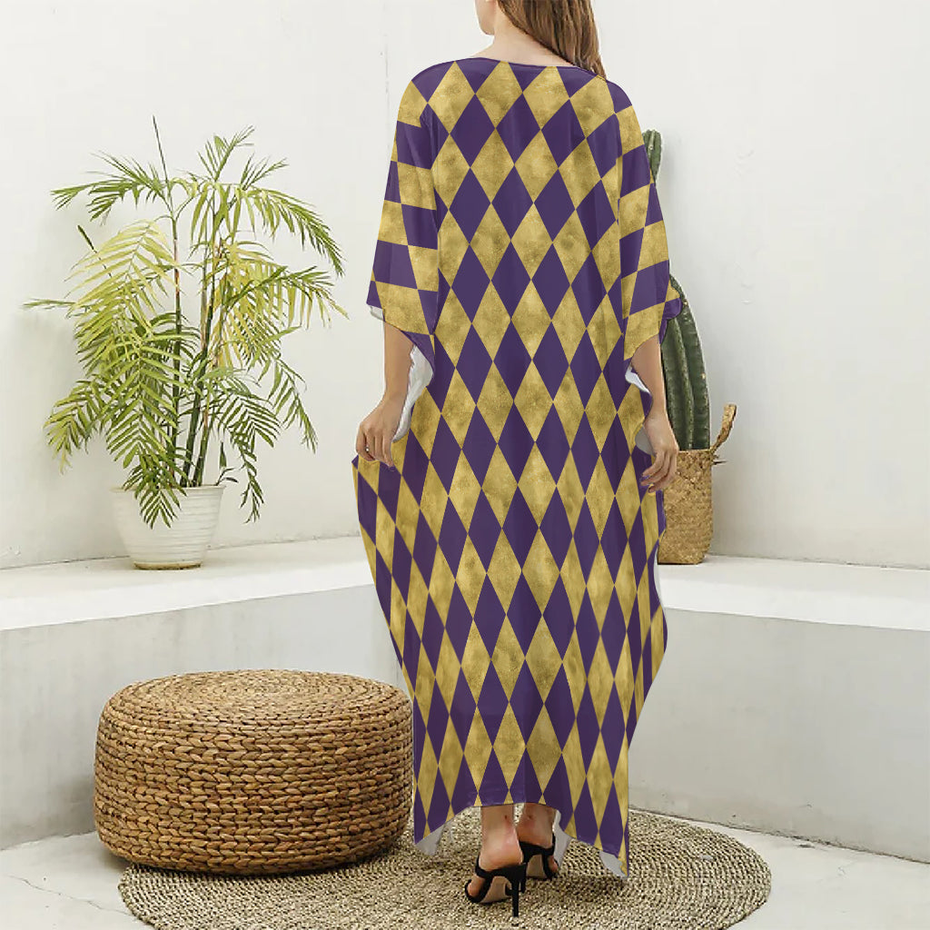 Purple And Gold Harlequin Pattern Print Silk V-Neck Kaftan Dress