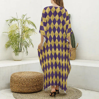 Purple And Gold Harlequin Pattern Print Silk V-Neck Kaftan Dress