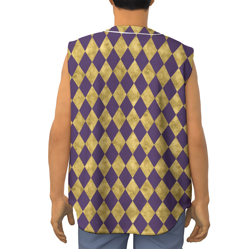 Purple And Gold Harlequin Pattern Print Sleeveless Baseball Jersey