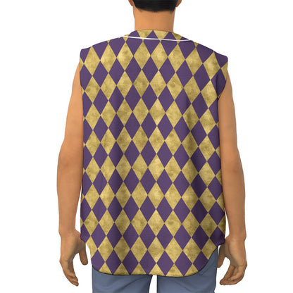 Purple And Gold Harlequin Pattern Print Sleeveless Baseball Jersey