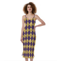 Purple And Gold Harlequin Pattern Print Slim Fit Midi Cami Dress