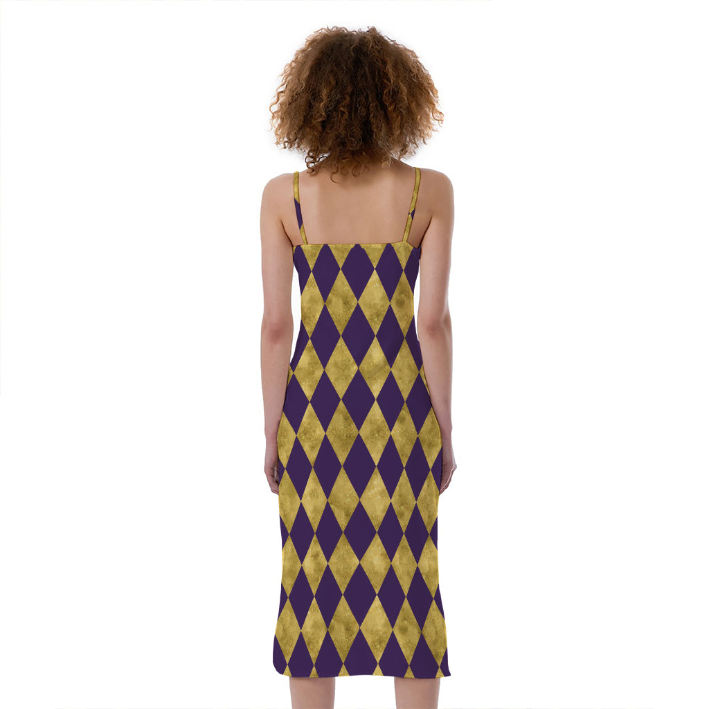 Purple And Gold Harlequin Pattern Print Slim Fit Midi Cami Dress