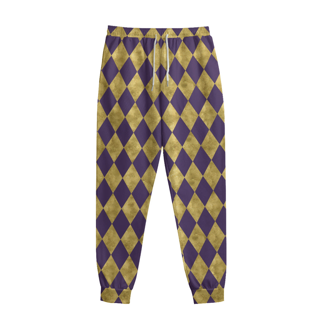 Purple And Gold Harlequin Pattern Print Sweatpants