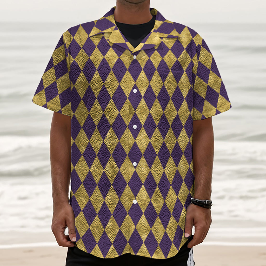Purple And Gold Harlequin Pattern Print Textured Short Sleeve Shirt