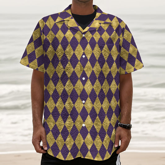 Purple And Gold Harlequin Pattern Print Textured Short Sleeve Shirt