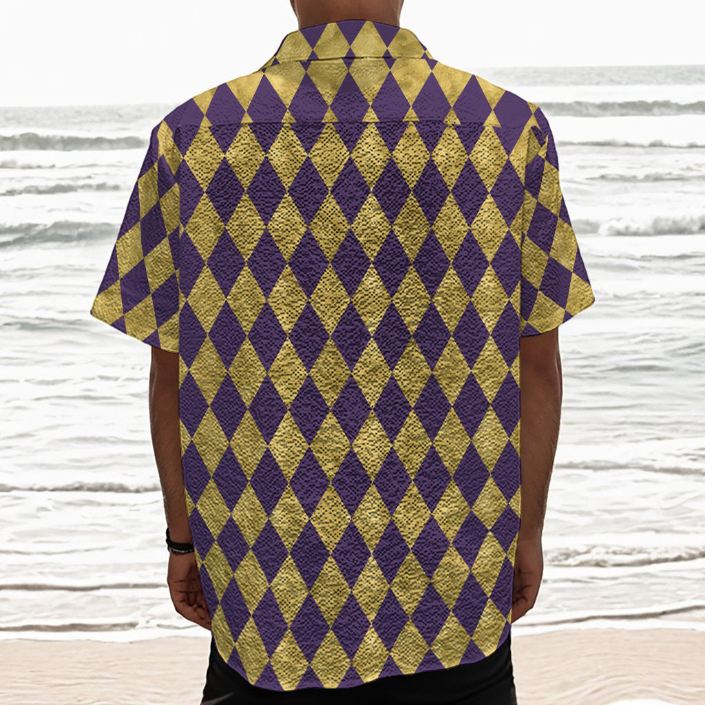 Purple And Gold Harlequin Pattern Print Textured Short Sleeve Shirt